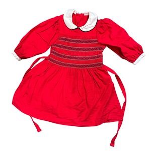 Vtg Kids Red Smocked Dress White Collar Long Sleeve 98cm /US 3-4 Made in Britain